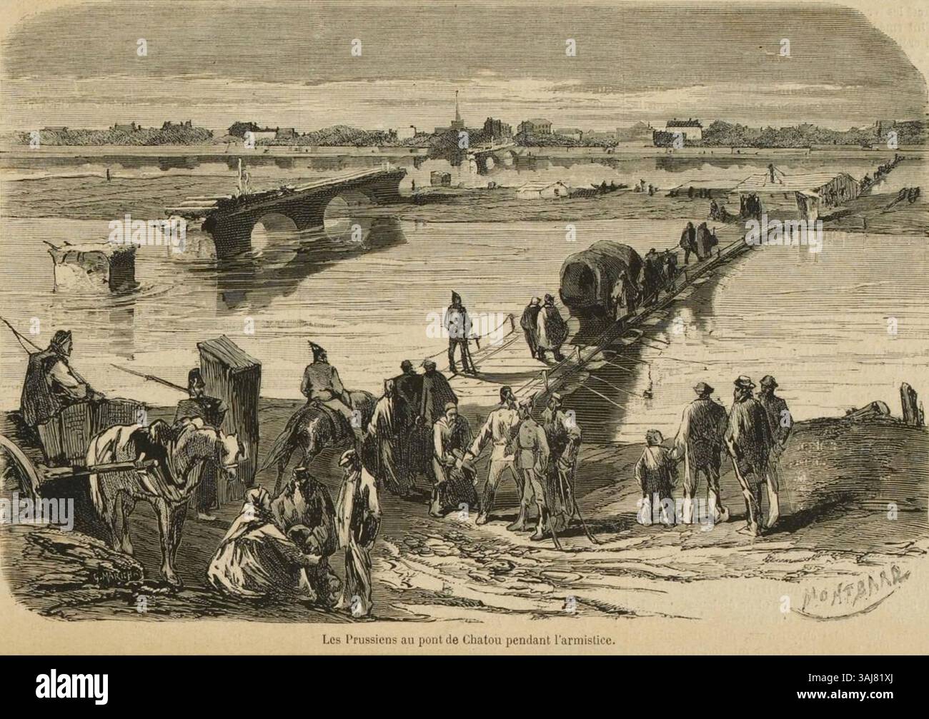 Dieser Stich von Gaston Marichal aus dem Jahr 1871 zeigt die Chatou-Brücke, die 1815 zerstört und während der preußischen Besatzung durch eine provisorische Brücke ersetzt wurde. Stockfoto