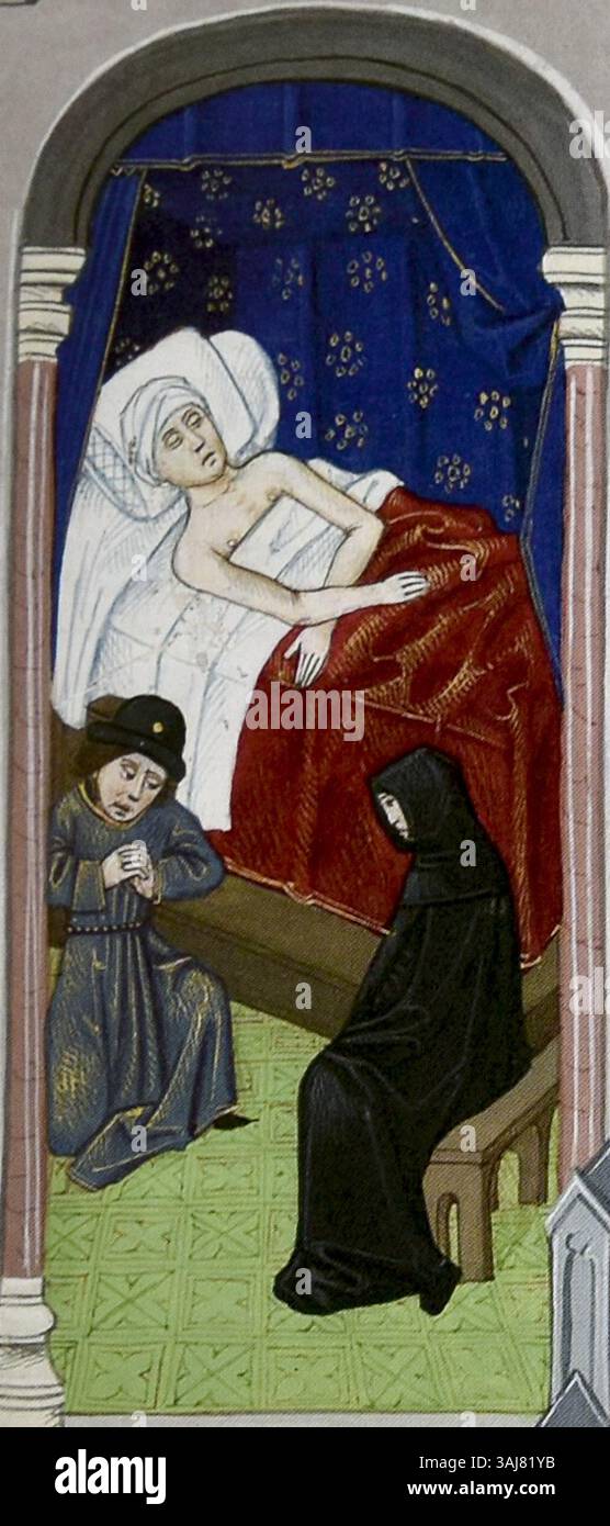 Dieses Kunstwerk aus dem 15. Jahrhundert zeigt die Hochzeit von Ada von Holland mit Ludwig II. Von Loon im Jahr 1203, wobei der sterbende Dirk VII. Von Holland, Adas Vater, im Hintergrund dargestellt wird. Die Szene spiegelt die politischen Gewerkschaften der damaligen Zeit wider. Stockfoto