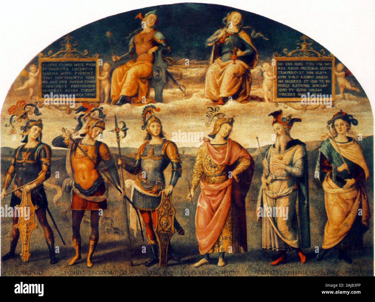Pietro Peruginos Stärke und Temperament mit sechs antiken Helden, gemalt 1497, zeigt neben alten Helden moralische Tugenden. Sie befindet sich im Collegio del Cambio. Stockfoto