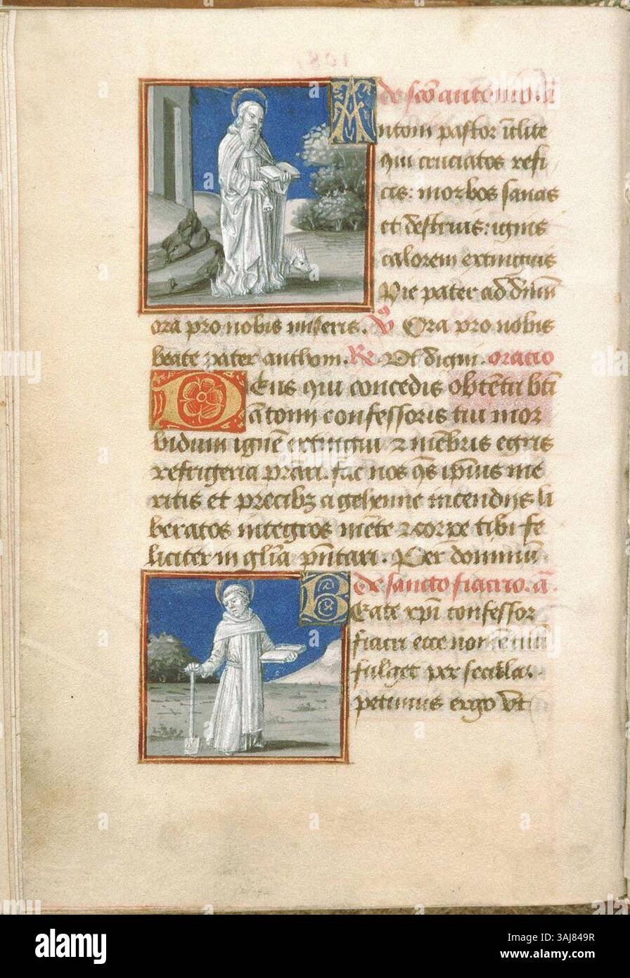 Diese Handschriftenbeleuchtung von Georges Trubert aus der Zeit um 1488 zeigt den Heiligen Antoine und den Heiligen Fiacre, die im „Heures à l'Usage de Rome“ dargestellt sind. Es ist auf Pergament in der Ceccano Library aufbewahrt und bietet einen historischen Blick auf die religiöse Ikonographie. Stockfoto