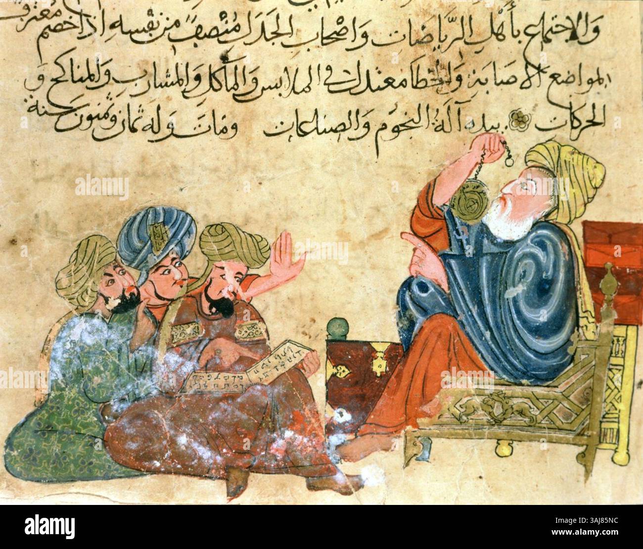 Eine Illustration aus dem 13. Jahrhundert von Al-Mubashir aus Kitab Mukhtar al-Hikam wa-Mahasin al-Kilam, die Aristoteles zeigt, wie er seine Schüler unterrichtet. Dieses Manuskript zeigt den Einfluss des klassischen Philosophen auf islamische intellektuelle Traditionen im Mittelalter. Stockfoto