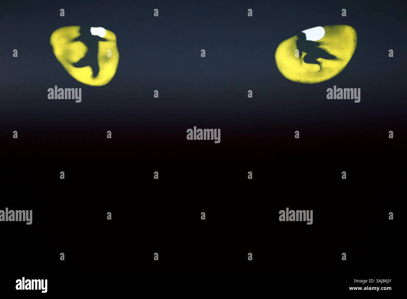 Das Logo des Musicals, zwei leuchtende Katzenaugen mit Tänzern als Pupillen, zu sehen bei der VIP-Premiere des Musical CATS im Capitol Theater Düsseldorf. Themenbild, Symbolbild Düsseldorf, 10.04.2025 NRW Deutschland *** das Musicals-Logo, zwei leuchtende Katzenaugen mit Tänzern als Schüler, zu sehen bei der VIP-Premiere des Musicals CATS am Capitol Theater Düsseldorf Themenbild, Symbolbild Düsseldorf, 10 04 2025 NRW Deutschland Copyright: XChristophxHardtx Stockfoto