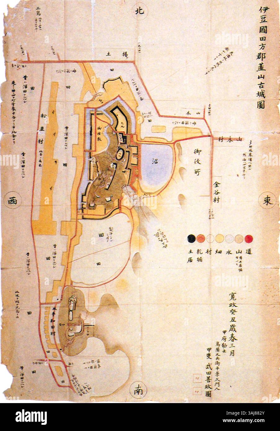 Diese Karte aus dem Jahr 1793 zeigt das Layout von Nirayama Castle, einer historischen Stätte in Japan. Die Karte bietet einen detaillierten Überblick über die Struktur der Burg, ihre Umgebung und den geografischen Kontext, in dem sie stand, und bietet Einblicke in die japanische Architektur und militärische Gestaltung des 18. Jahrhunderts. Stockfoto