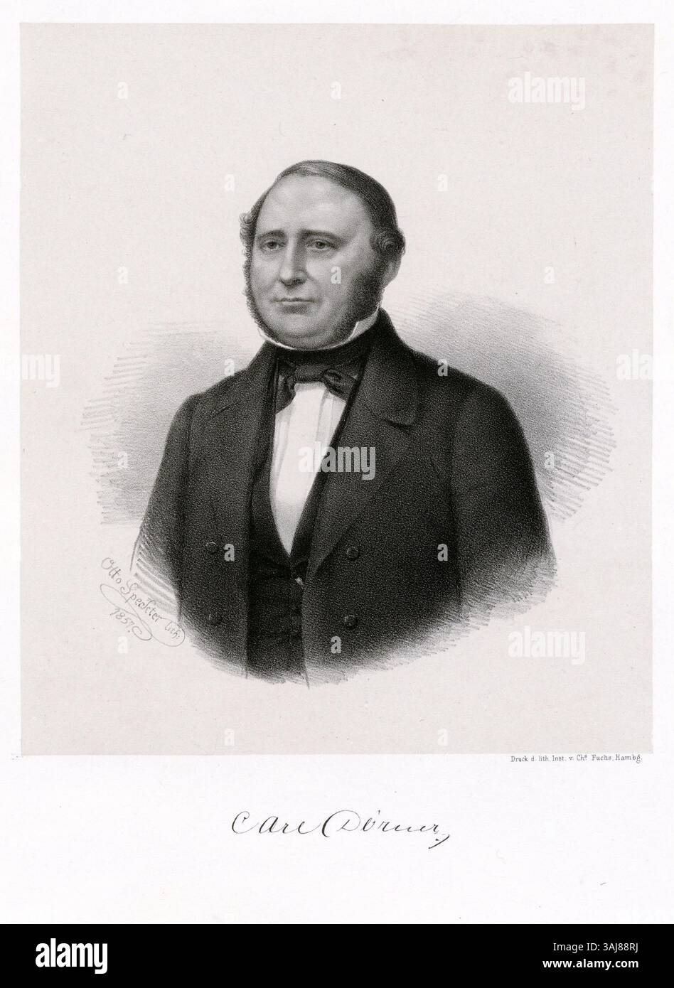 Porträt von Carl Doerner, erstellt von Otto Speckter 1857. Die Lithografie fängt Doerner in formeller Kleidung des 19. Jahrhunderts ein, die für intellektuelle Porträts dieser Zeit üblich ist. Stockfoto