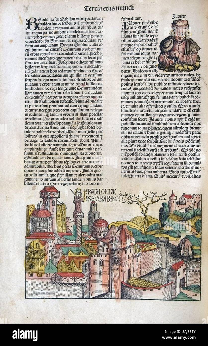 Die Nürnberger Chronik, 1493 von Hartmann Schedel fertiggestellt, ist eine illustrierte Enzyklopädie, die die Weltgeschichte mit biblischen Darstellungen und mythologischen Lebewesen beschreibt. Als eines der ersten Bücher, die Text und Illustrationen erfolgreich integriert haben, ist es ein bedeutendes früheres gedrucktes Buch aus der Renaissance. Stockfoto