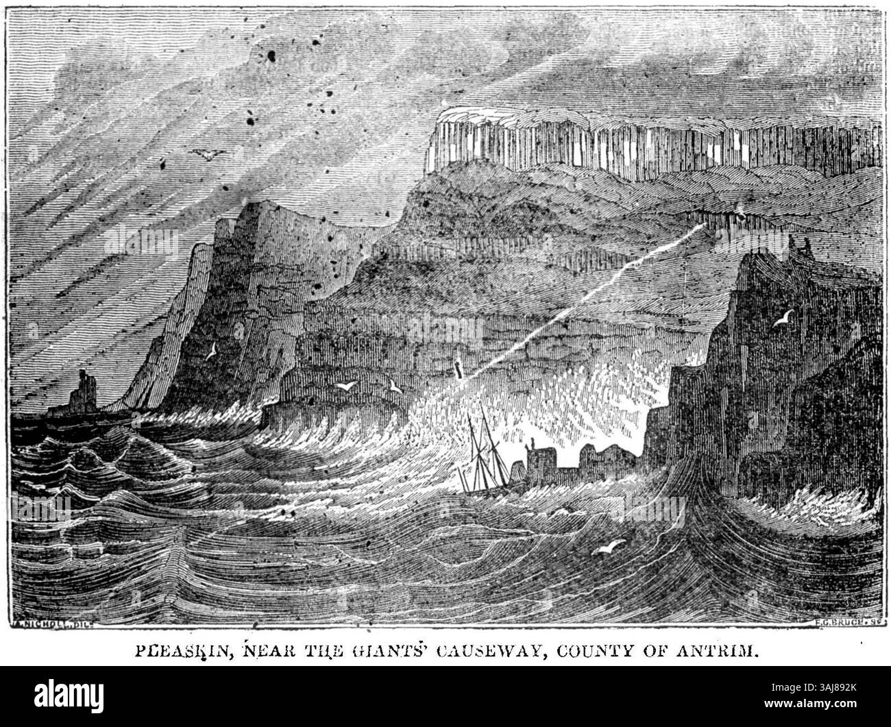 In „A Guide to the Giants' Causeway“ erwähnt der artikel Pleaskin, einen bemerkenswerten Ort in der Nähe des Giants' Causeway in Nordirland. Der artikel hebt seine landschaftliche Schönheit und Bedeutung in der Landschaft hervor. Stockfoto