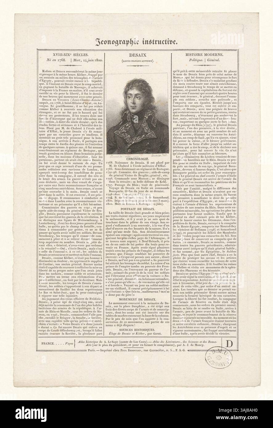 Diese Lithografie von Achille Devéria stellt eine lehrreiche Ikonographie von General Louis-Charles-Antoine Desaix vor, die seine historische Bedeutung unterstreicht. Stockfoto