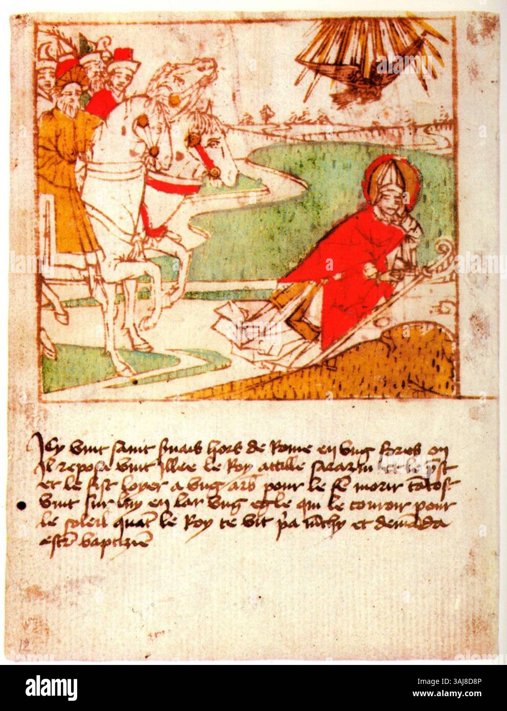 Dieser Blockdruck aus dem Jahr 1460 aus dem „Blokboek van Sint-Servaas“ zeigt den Heiligen Servatius, der außerhalb Roms ruht, bevor er von Attila dem Hunnen überfallen wird, der ihn an einem Baum hängen lässt. Ein Adler spreizt seine Flügel über Servatius, um ihn vor der brennenden Hitze der Sonne zu schützen. Stockfoto