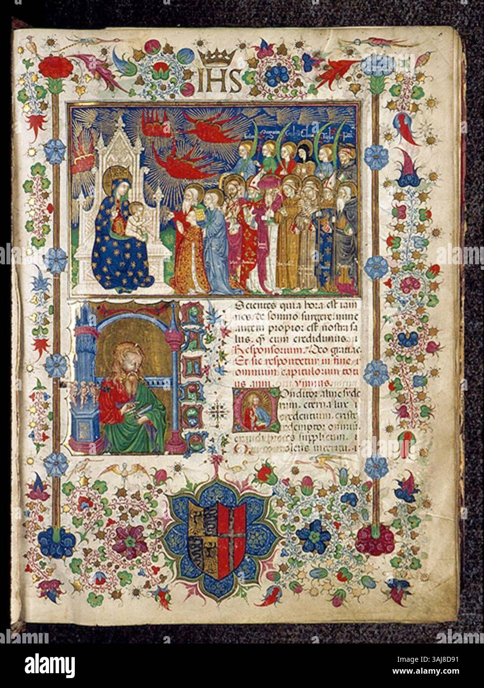 Diese Seite aus der Bréviaire de Marie de Savoie, die von der Maître des Vitae Imperatorum um 1430 geschaffen wurde, zeigt kunstvolle mittelalterliche Manuskriptkunst, die religiöse Themen dieser Zeit zeigt. Stockfoto Diese Seite aus der Bréviaire de Marie de Savoie, die von der Maître des Vitae Imperatorum um 1430 geschaffen wurde, zeigt kunstvolle mittelalterliche Manuskriptkunst, die religiöse Themen dieser Zeit zeigt. Stockfoto
