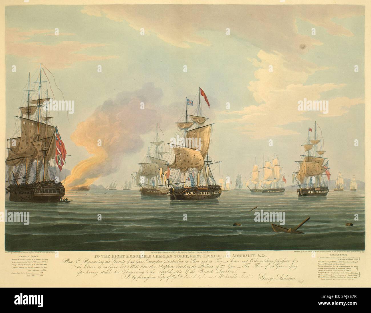 Dieser Kupferstich aus dem Jahr 1811 zeigt die Commodore Dubourdieu an Land und in Brand, wobei die britischen Schiffe Active und Cerberus während der Schlacht bei Lissa das französische Schiff Corona eroberten. Stockfoto