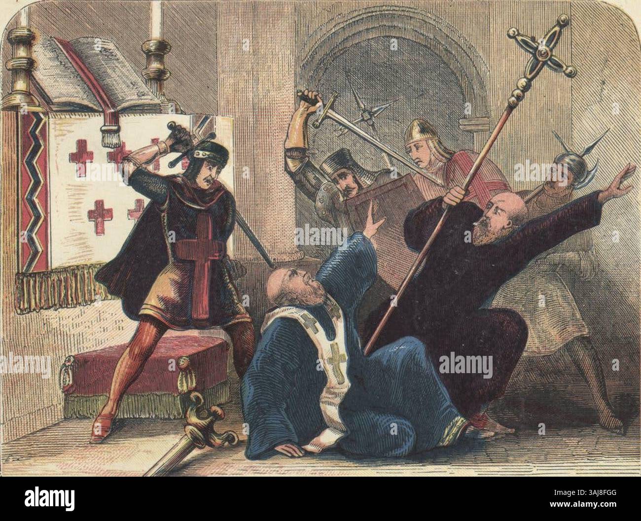 Das Martyrium des heiligen Thomas Becket veranschaulicht den dramatischen Moment im Jahr 1170, als Becket, der Erzbischof von Canterbury, von Rittern ermordet wurde, die König Heinrich II. Treu waren. Dieses Ereignis markierte einen bedeutenden Punkt im Konflikt zwischen der englischen Monarchie und der Kirche und symbolisierte die Spannung zwischen weltlicher und religiöser Autorität. Stockfoto