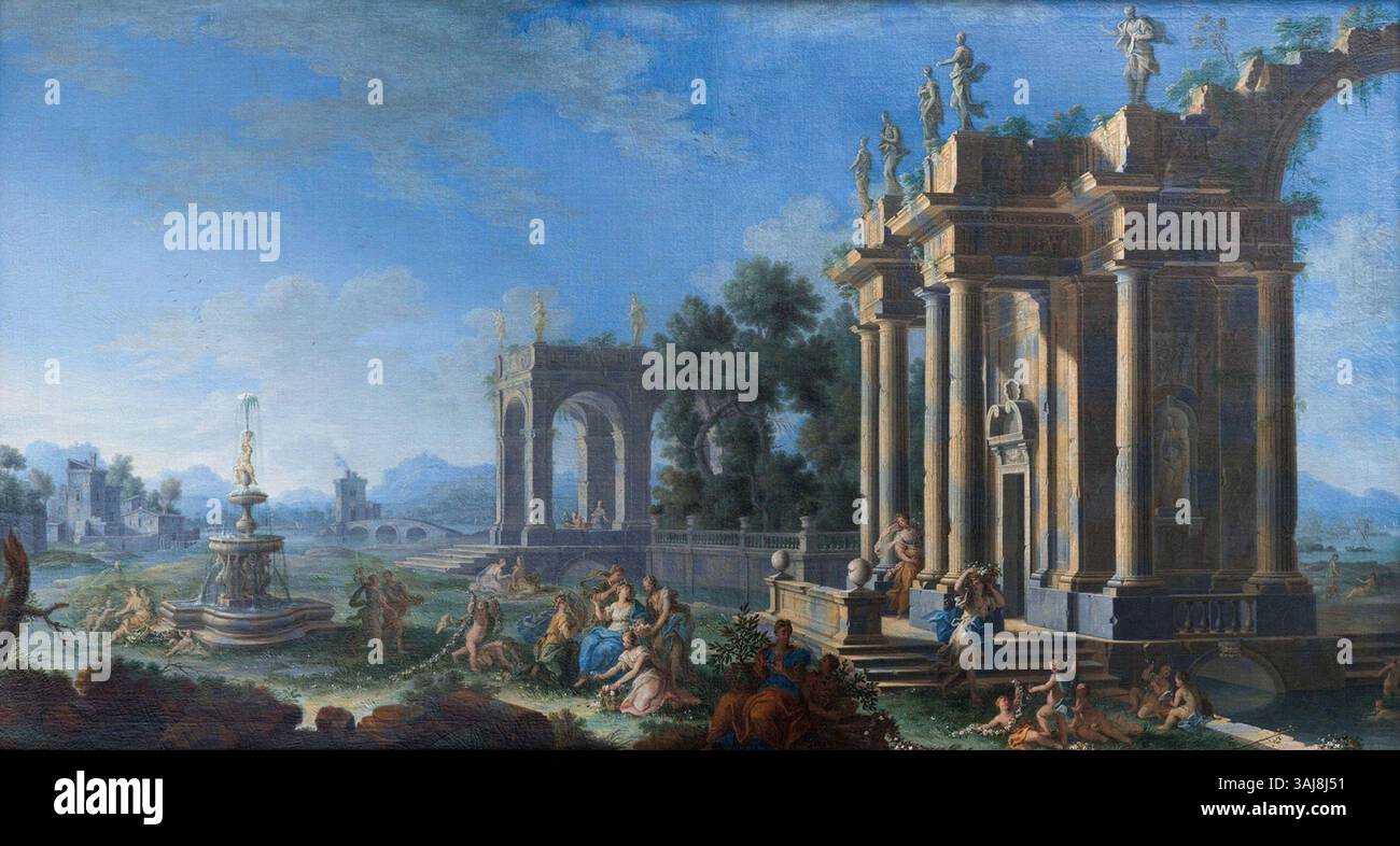 „Flora umgeben von ihren Nymphen in einer Landschaft von antiken Ruinen“ ist ein Gemälde von Gennaro Greco und Sebastiano Conca, das zwischen 1683 und 1714 entstanden ist. Es zeigt Flora, die Göttin der Blumen, mit Nymphen in einer idyllischen, ruinenreichen Landschaft. Stockfoto