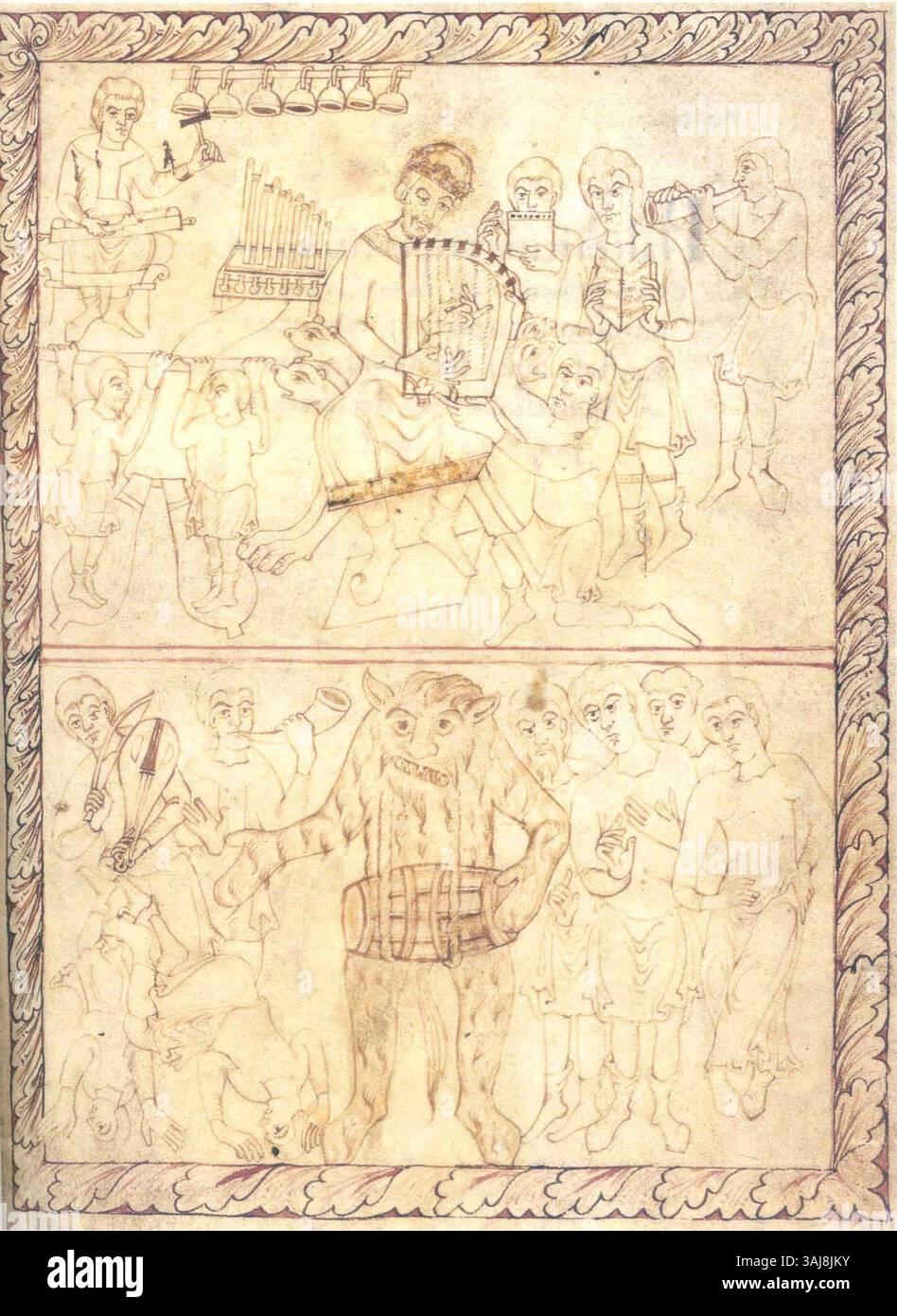 Das „Psalterium Triplex“ aus dem frühen 12. Jahrhundert, das am St John's College Cambridge gefunden wurde, zeigt König David, der in einer spirituellen Umgebung Harfe spielt, im Gegensatz zu einer dämonischen Figur, die die Trommel spielt und weltliche Musik repräsentiert. Stockfoto