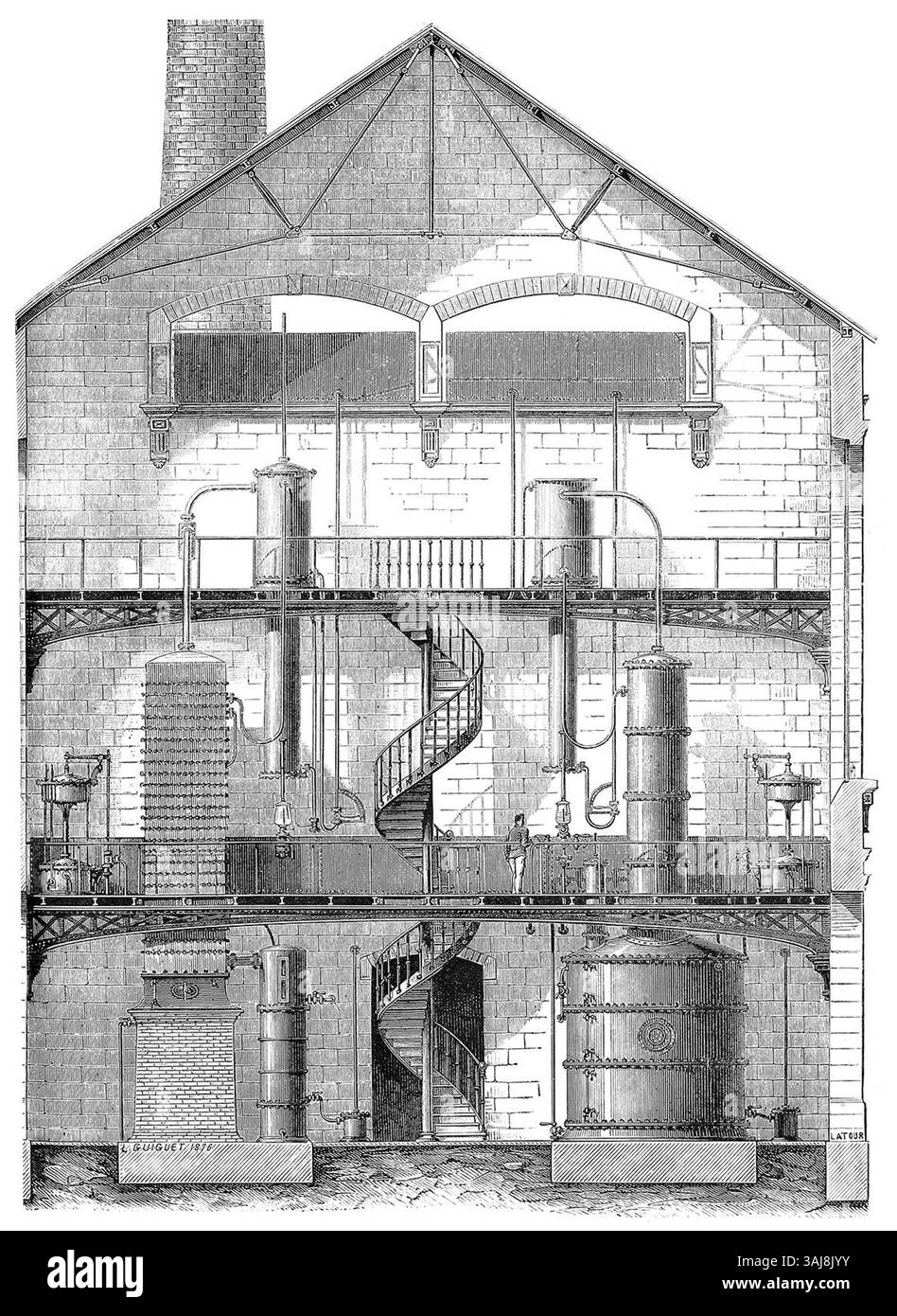 Diese Illustration von Louis Figuier aus dem Jahr 1877 zeigt eine Destillerie, in der die Geräte von Désiré Savalle für die Herstellung von Alkohol und fermentiertem Saft verwendet werden. Die Abbildung zeigt den Destillationsprozess vor und nach der Rektifizierung und zeigt die Funktion der Maschine und ihren industriellen Zweck. Stockfoto