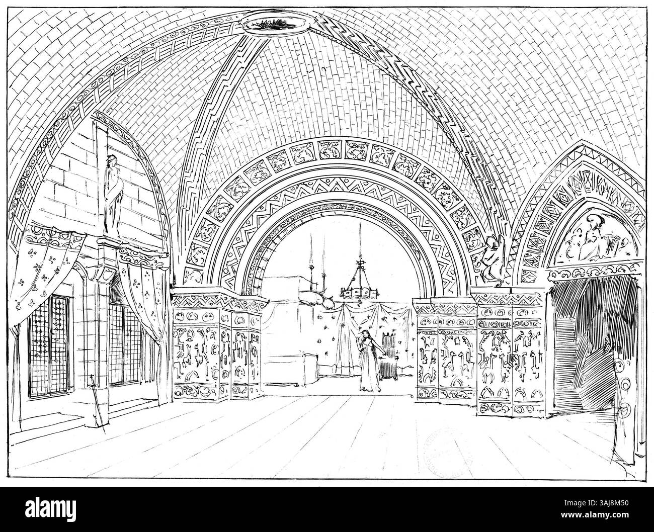 G. Steins Entwurf von 1889 für die zweite Szene des dritten Akts in Massenets „Esclarmonde“, der einen Raum im Palast von Blois darstellt. Das Set-Design von Charles Bianchini erweckt den historischen Ort mit detaillierter Genauigkeit zum Leben. Stockfoto