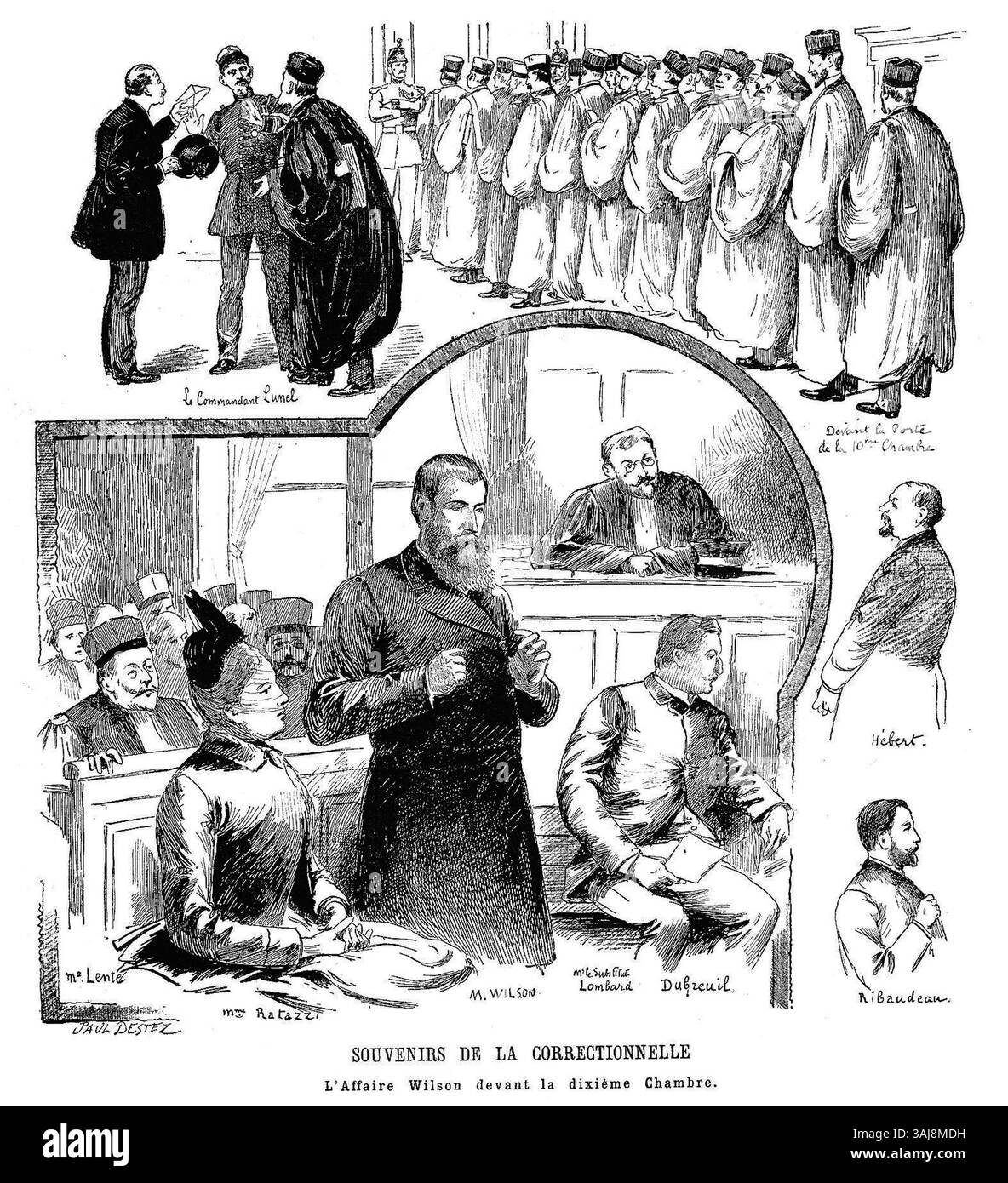 Dieses Gemälde von Paul Destez aus dem Jahr 1888 mit dem Titel „Affaire Wilson devant la 10e chambre“ zeigt eine Gerichtsszene und veranschaulicht ein Gerichtsverfahren vor einem französischen Gericht. Die Künstlerin schildert die Intensität des Prozesses mit detaillierten Ausdrücken der am Gerichtsverfahren Beteiligten. Stockfoto