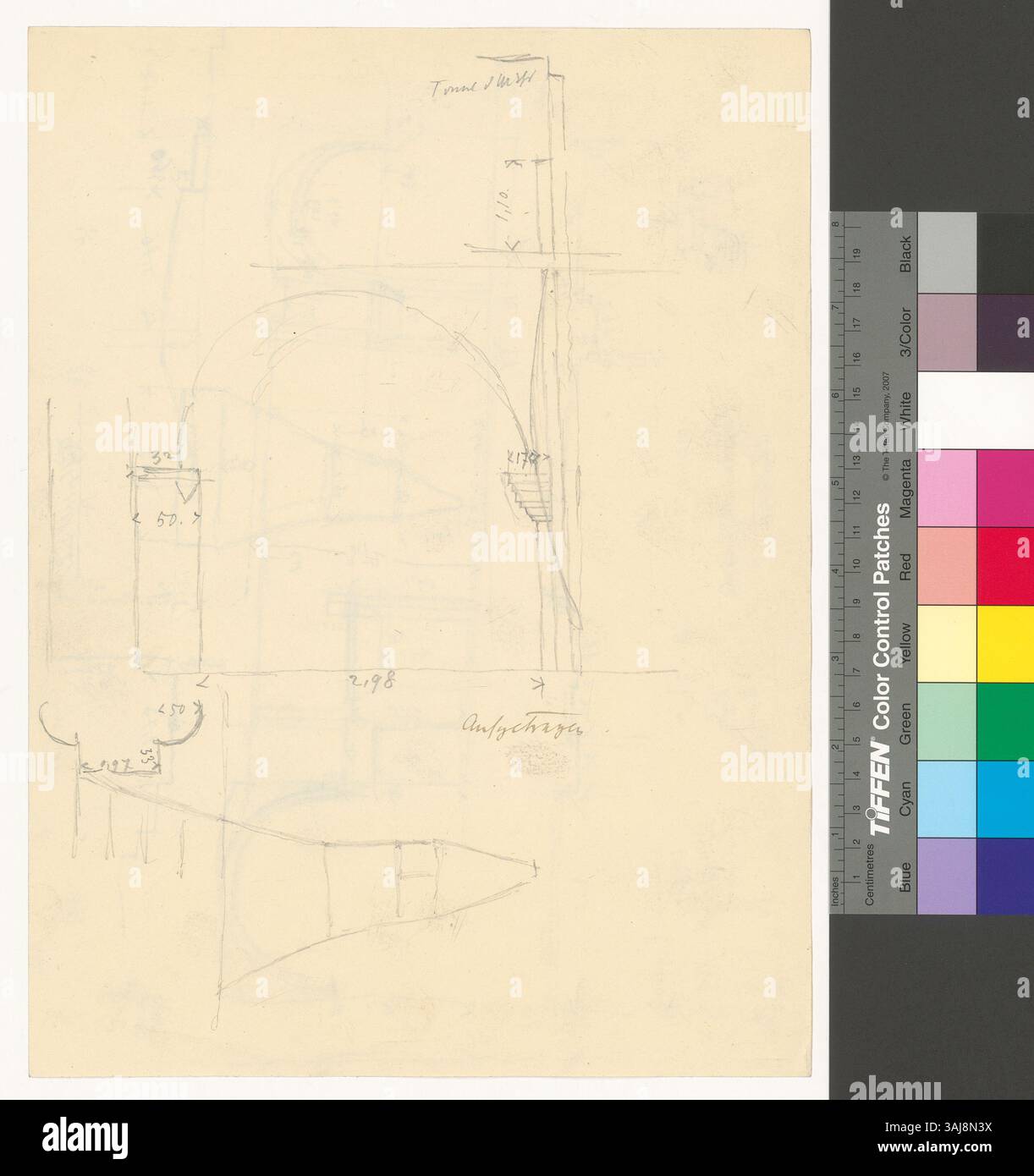 Dieser Druck zeigt fragmentarische Ansichten der St. Michael-Kapelle und des Vorhofs der Abteikirche Notre-Dame, Teil des Benediktinerklosters, mit Details aus dem 19. Jahrhundert. Stockfoto
