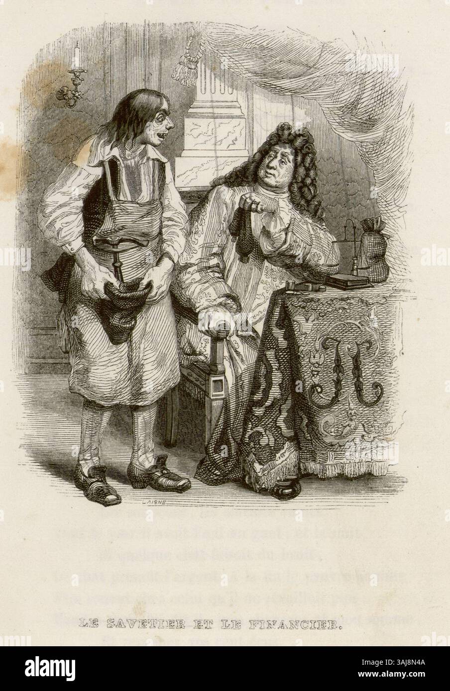 Dieser 1838 erschienene Druck aus La Fontaines Fabeln mit dem Titel „der Cobbler und der Financier“ untersucht den Kontrast zwischen sozialen Klassen und den Themen Wohlstand und Einfachheit. Stockfoto