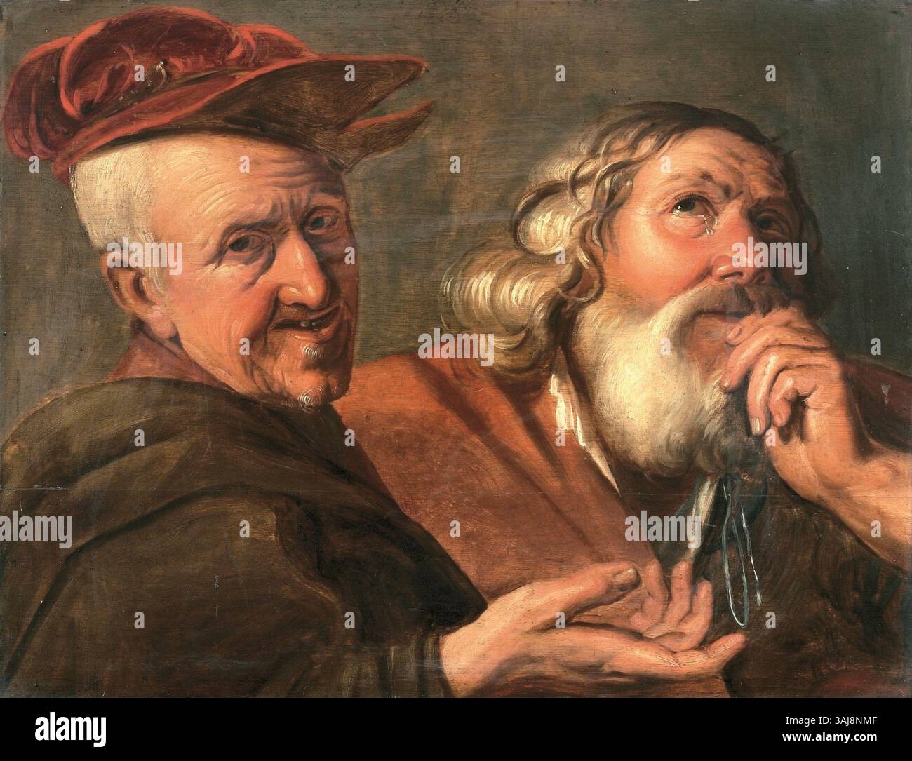 Das Gemälde „Heraklit i Demokryt“ von Lambert Jacobsz, um 1630, zeigt die altgriechischen Philosophen Heraklitus und Democritus, dargestellt auf Eichenholz. Das Kunstwerk ist im Nationalmuseum in Wrocław untergebracht und veranschaulicht die niederländische Ölmalerei des frühen 17. Jahrhunderts. Stockfoto