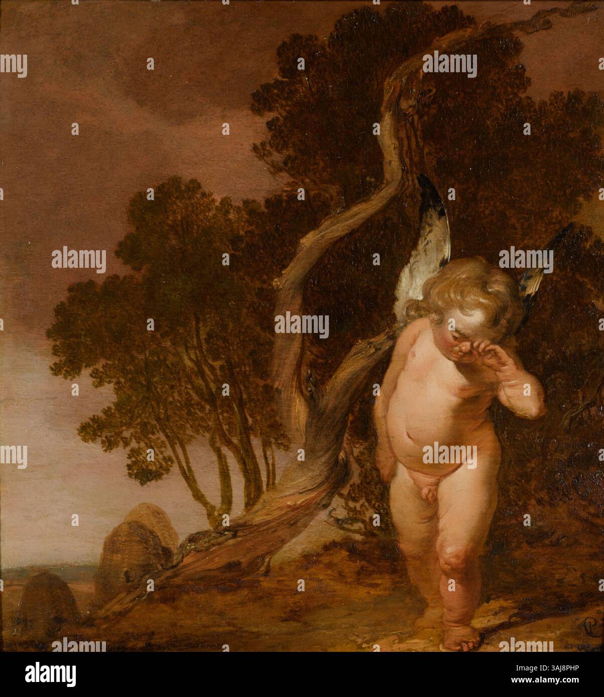 Pieter Coddes „Cupid as Honey Thief“ (um 1625) zeigt die mythologische Figur des Cupid, der Honig stiehlt. Das Öl-auf-Tafelkunstwerk veranschaulicht die niederländische Genremalerei des 17. Jahrhunderts mit einem unbeschwerten mythologischen Thema. Stockfoto