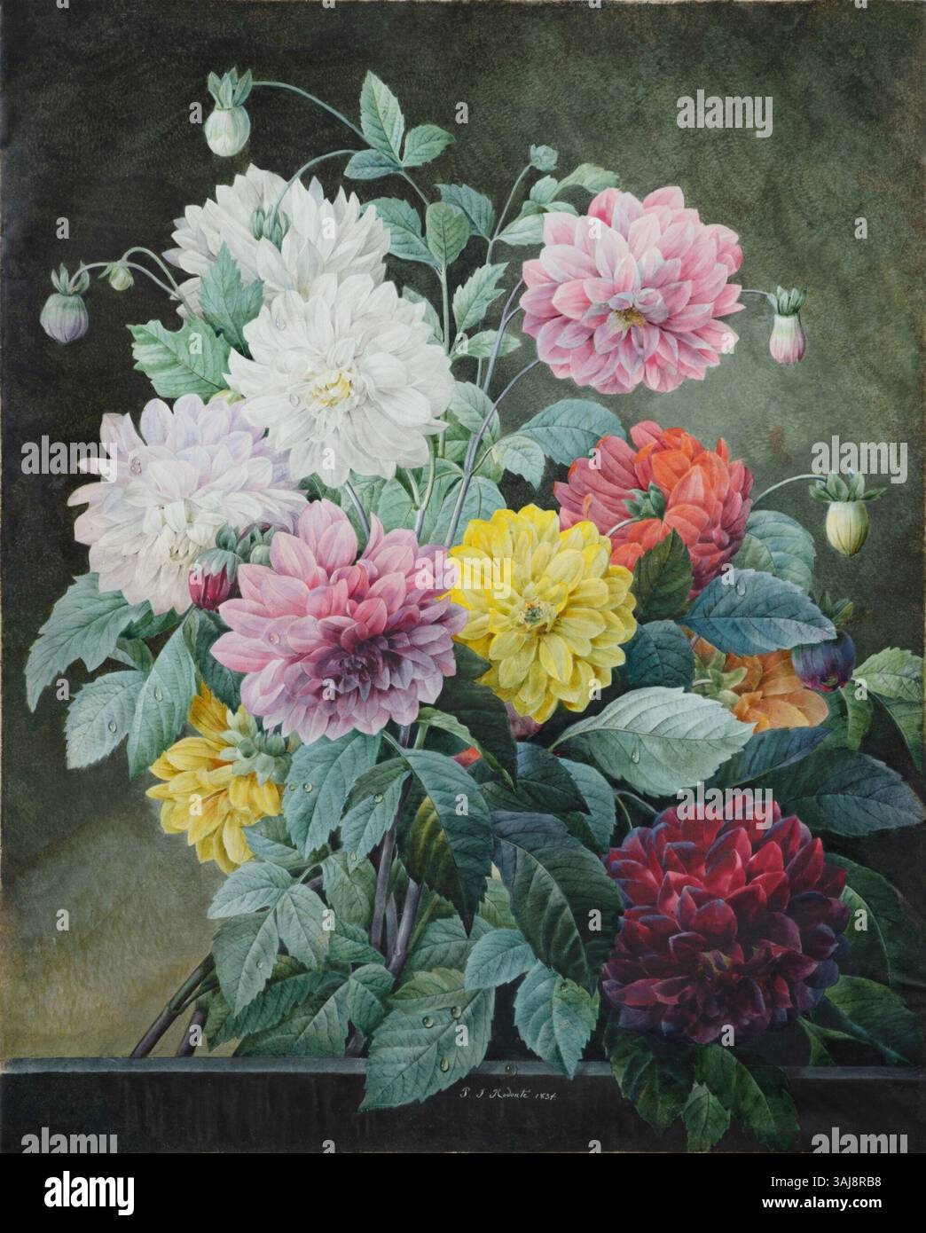 Pierre-Joseph Redoutés Aquarellfarbe auf Pergament aus dem Jahr 1834 mit dem Titel „Blumenstrauß“ veranschaulicht seine berühmte botanische Illustration, indem er Blumen in präzisen Details mit zarten Farben und Formen einfängt. Stockfoto
