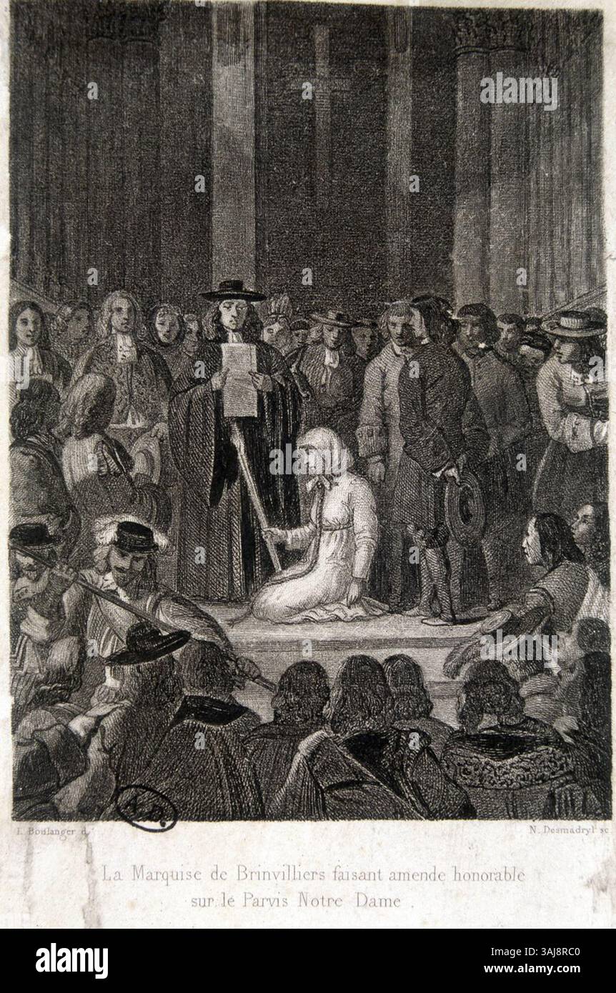 Louis Boulanger's Stich zeigt die Marquise de Brinvilliers, die vor der Kathedrale Notre-Dame die öffentliche Buße vollführt und einen historischen Moment aus ihrem Prozess im 17. Jahrhundert darstellt. Stockfoto