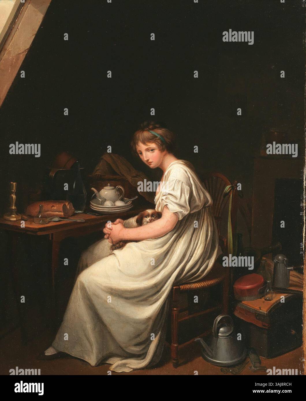 „In der Dachkammer“ ist ein Ölgemälde aus der Werkstatt von Louis-Léopold Boilly, das im 19. Jahrhundert entstand. Das 41 x 32,5 cm große Gemälde spiegelt Boillys Beherrschung in häuslichen und intimen Szenen wider. Stockfoto
