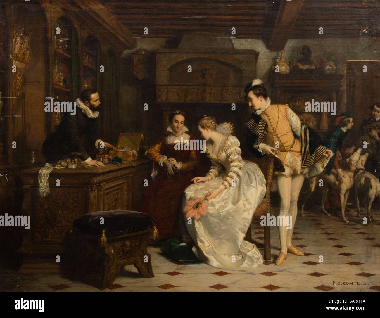 Pierre-Charles Comtes Gemälde zeigt Jeanne III. Von Navarra, die vergiftete Handschuhe von Catherine de Medicis Parfümeur René kauft, ein dramatischer Moment in der Geschichte. Das zwischen 1852 und 1858 gemalte Werk spiegelt historische Ereignisse und die Fähigkeit des Künstlers in der Darstellung von Emotionen und Erzählungen wider. Stockfoto