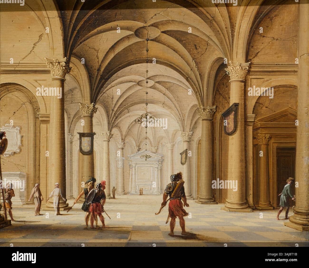 Jan van Vuchts Ölgemälde aus dem Jahr 1603-1637 zeigt das Innere einer Kathedrale mit Soldaten im Vordergrund und verbindet religiöse und militärische Themen in einer dramatischen Szene. Stockfoto