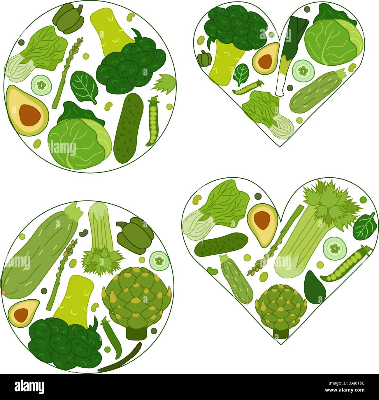 Frisches grünes Gemüse Set aus runder und herzförmiger Komposition. Zusammensetzung der Vektorflachung. Banner, Poster, Geschenkpapier, Aufkleber, Druck, modernes Textildesign. E Stock Vektor