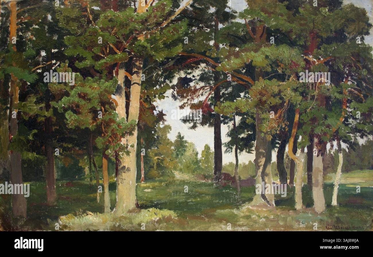 Ein Studiengemälde von Ivan Shishkin mit dem Titel „Wald. Studie, erstellt in der zweiten Hälfte des 19. Jahrhunderts. Das Ölgemälde befindet sich im Staatlichen Kunstmuseum der Region Altai und zeigt eine detaillierte Darstellung einer Waldszene. Stockfoto