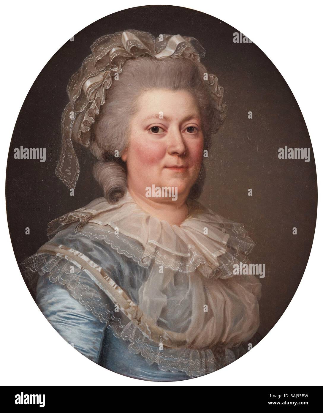 Dieses Porträt von Adolf Ulrik Wertmüller aus dem Jahr 1785 zeigt Madame Marie-Anne-Louise Genêt, bekannt als Lise. Sie wird in einem hellblauen Kleid dargestellt, das die Mode des späten 18. Jahrhunderts widerspiegelt. Das ovale Gemälde ist ein schönes Beispiel für europäische Porträts aus dem 18. Jahrhundert. Stockfoto