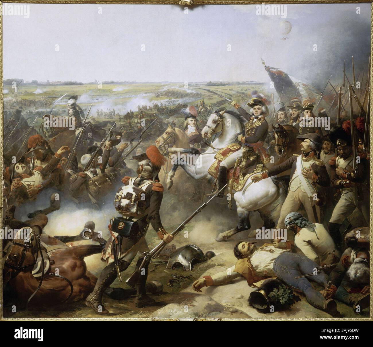 Dieses Gemälde von Jean-Baptiste Mauzaisse aus dem Jahr 1837 zeigt die Schlacht von Fleurus, die am 26. Juni 1794 ausgetragen wurde. Die französischen Truppen unter General Jourdan besiegten die österreichische Armee. Das Kunstwerk fängt Schlüsselfiguren wie Saint-Just, Marceau und Kléber während der Schlacht ein. Stockfoto
