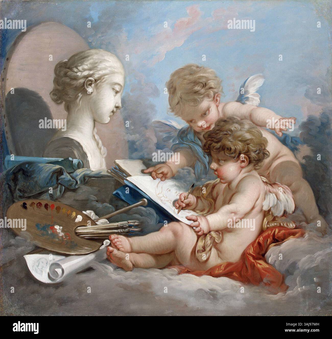 Ein allegorisches Gemälde von Francois Boucher aus den 1760er Jahren, das Cupiden in einer Szene darstellt, die Malerei symbolisiert. Das Werk Öl auf Leinwand ist im Eremitage Museum untergebracht. Stockfoto