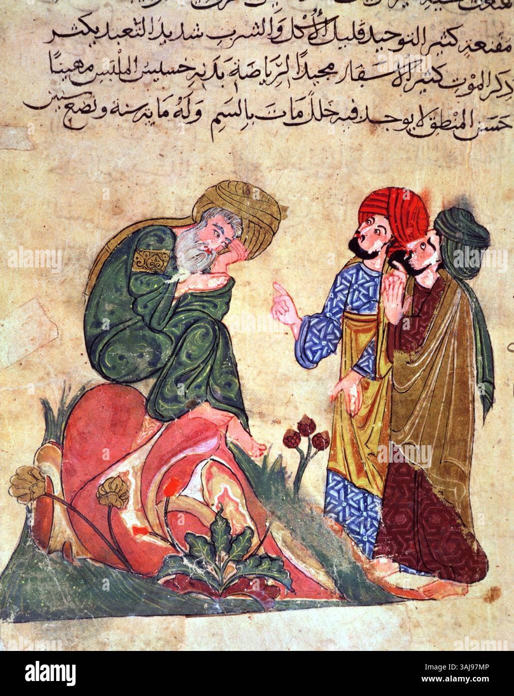 Diese Illustration aus dem 13. Jahrhundert aus dem 'Kitab Mukhtar al-Hikam wa-Mahasin al-Kilam' von Al-Mubashir zeigt Sokrates mit seinen Schülern und repräsentiert den Wissenstransfer und philosophischen Diskurs während der klassischen Zeit des antiken Griechenlands und unterstreicht die Bedeutung des Dialogs beim Lernen. Stockfoto