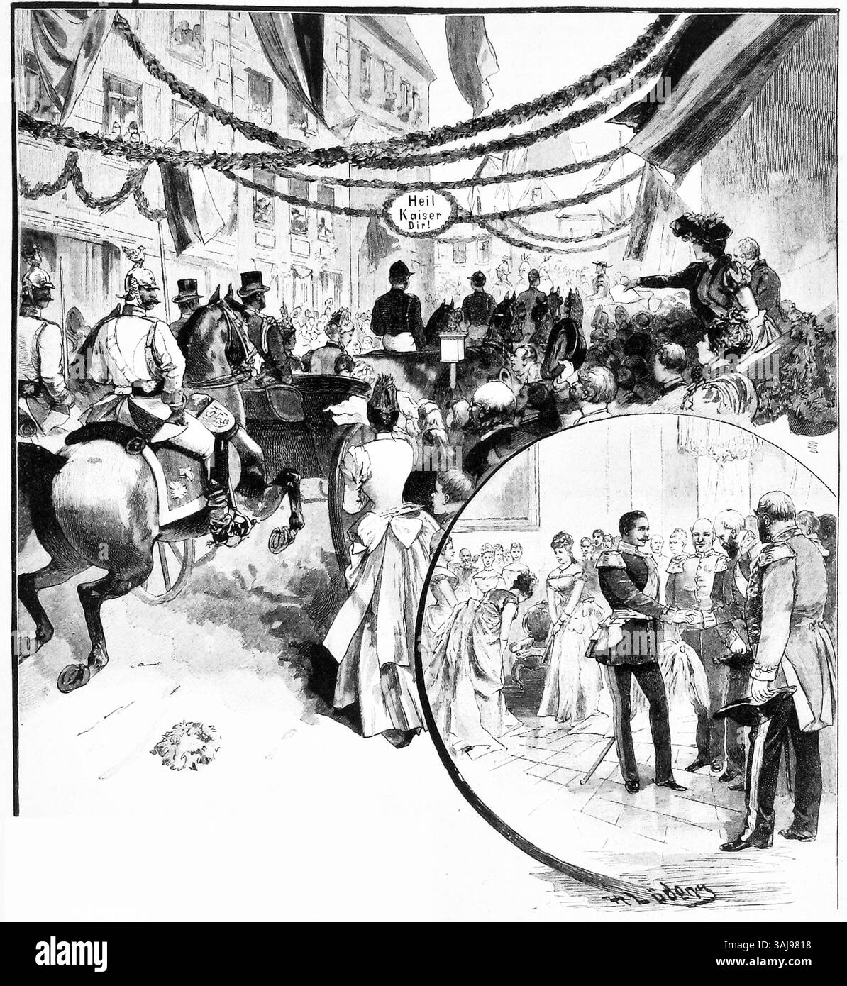 Diese 1890 erschienene Illustration aus *die Gartenlaube* ist Teil der Halbheft-Reihe und greift die detailreiche Kunst der deutschen Illustrationen des späten 19. Jahrhunderts auf. Stockfoto