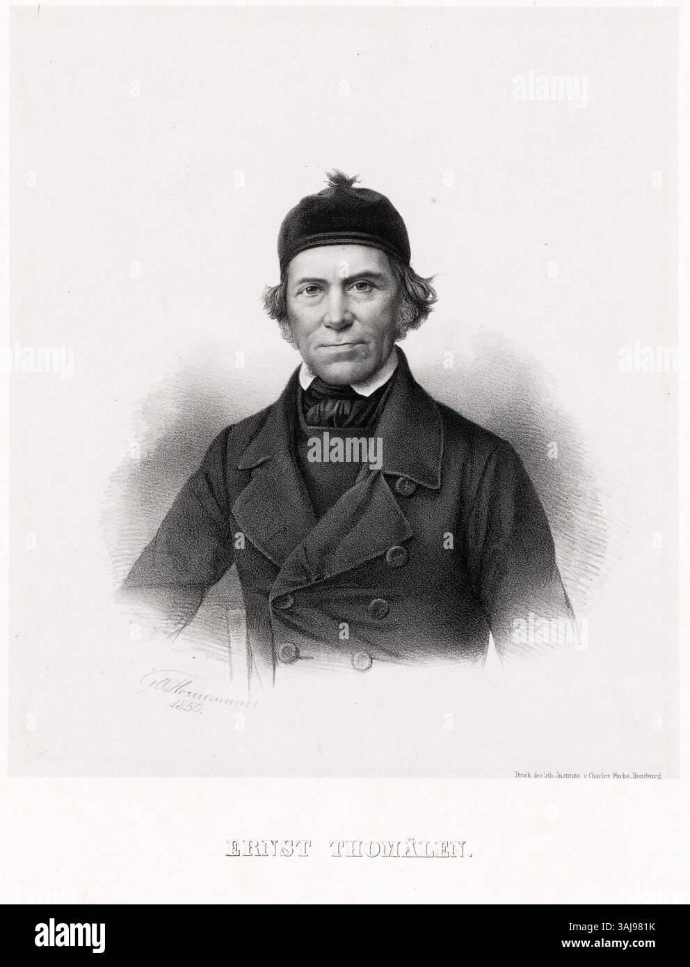 Diese Lithografie von 1850 von Friedrich Adolph Hornemann zeigt Ernst Thomälen, einen Schullehrer und Organist in Curslack, der 1854 verstorben ist. Der Druck befindet sich in der Hamburger Staats- und Universitätsbibliothek Carl von Ossietzky. Stockfoto