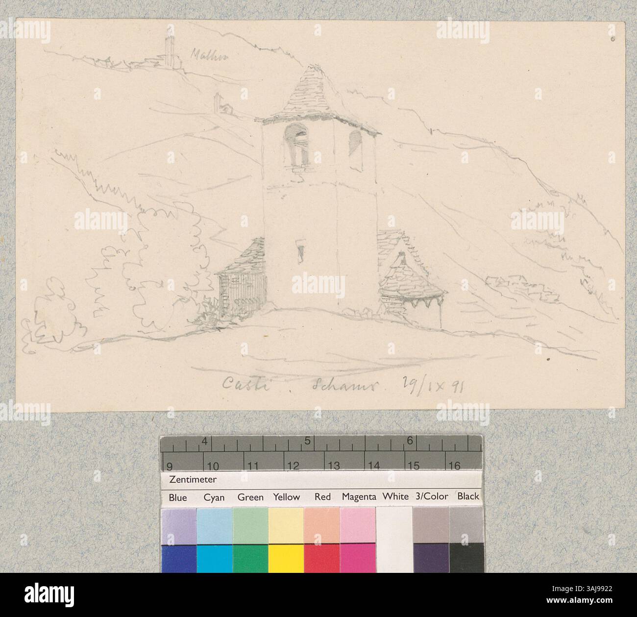 Dieses Kunstwerk von Johann Rudolf Rahn aus dem Jahr 1891 zeigt eine Außenansicht der reformierten Kirche in Casti, einem kleinen Dorf in der Region Casti-Wergenstein in der Schweiz. Es konzentriert sich auf die Architektur und Umgebung der Kirche. Stockfoto