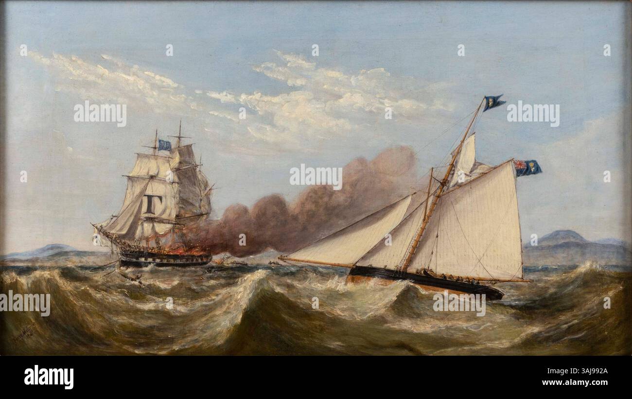 Dieses Gemälde von Henry Melling (1848) zeigt eine dramatische Szene, in der Passagiere aus dem brennenden Schiff Ocean Monarch in der Liverpool Bay gerettet werden. Die Yacht „Queen of the Ocean“ ist im Vordergrund zu sehen, während das brennende Schiff in Flammen verwickelt ist. Melling erfasst die Dringlichkeit der Rettung. Stockfoto