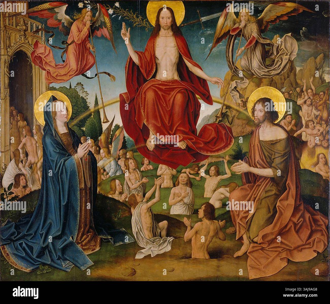 Das „letzte Gericht“ des Meisters des Heiligen Severin, das um 1488 datiert wurde, stellt das endgültige Gericht der Seelen dar. Dieses religiöse Kunstwerk ist auf Eichenholz gemalt, das charakteristisch für den spätgotischen Stil ist, und zeigt dramatische Szenen des göttlichen Urteils. Sie befindet sich im Wallraf-Richartz-Museum. Stockfoto