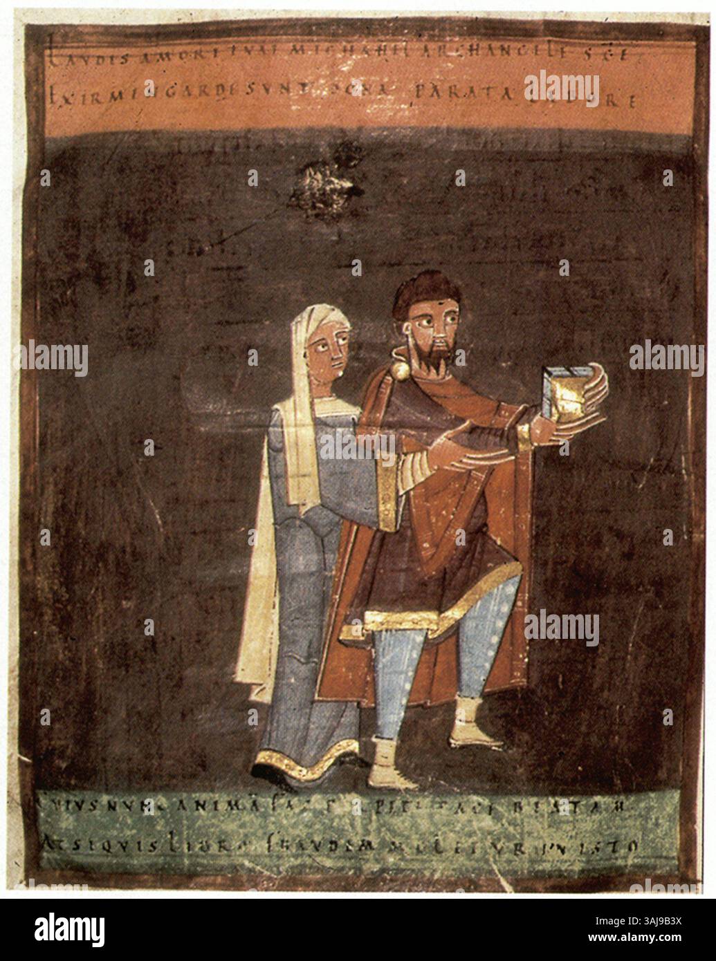 Leuchtmanuskript des Evangeliumsbuches von Saint-Mihiel, um 1100, das Irmengarde und Werner zeigt, die Christus das Evangelium präsentieren. In der Bibliothèque de l'Institut catholique de Lille. Stockfoto