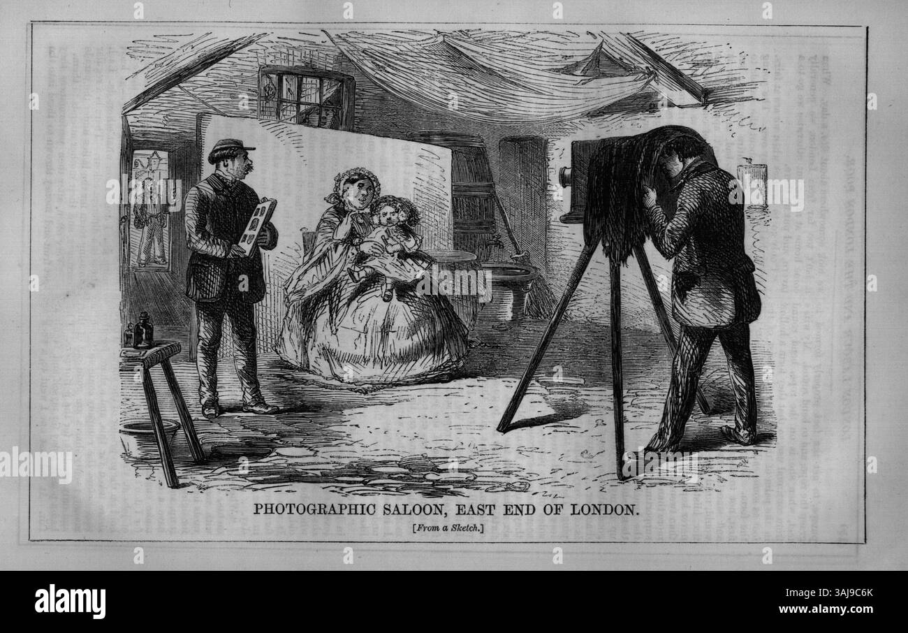 Illustration des „Photographic Saloon“ im East End von London aus „London Labour and the London Poor“, die den Aufstieg der Fotografie als populärer Dienst im viktorianischen London feststellt. Stockfoto