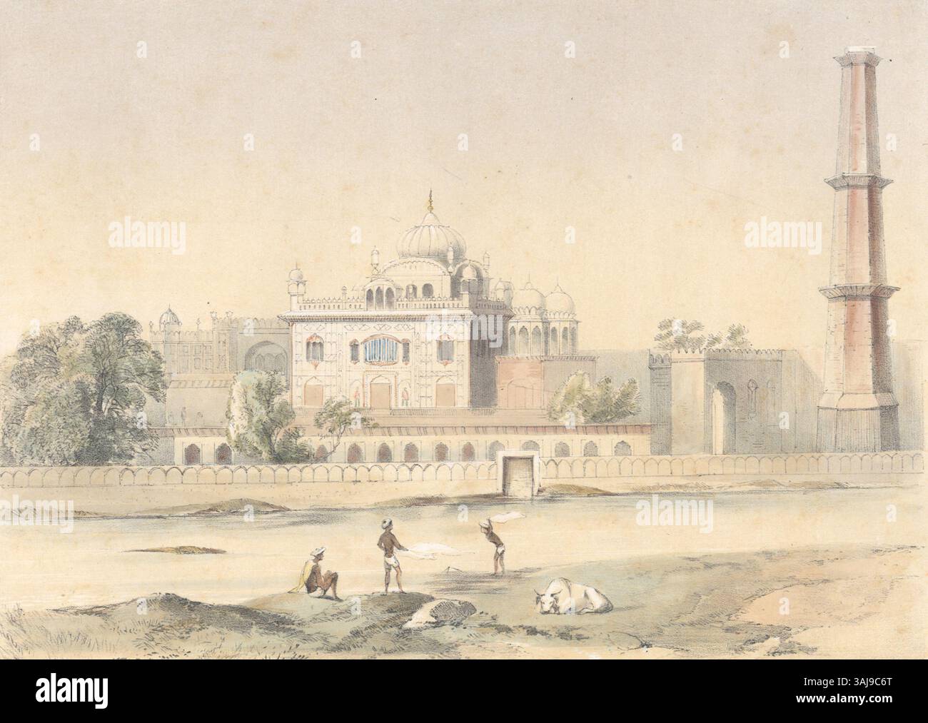 Diese farbige Lithografie von 1854 zeigt das Grab von Ranjit Singh und markiert den Ort, an dem der Sikh-Herrscher zusammen mit seinen Frauen und Sklavinnen verbrannt wurde. Die architektonischen Details des Grabes spiegeln die historische Bedeutung dieser Stätte in Punjab wider. Stockfoto