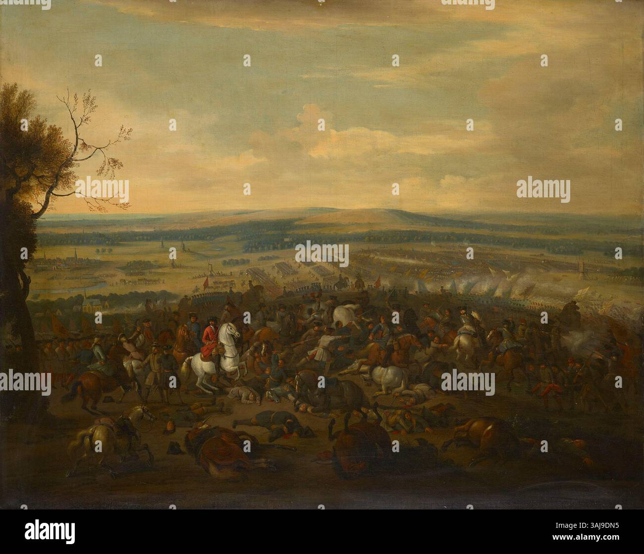 Dieses Gemälde zeigt die Schlacht von Oudenarde (1708), ein bedeutendes Ereignis während des Spanischen Erbfolgekrieges. Es wurde Anfang des 18. Jahrhunderts nach Jan van Huchtenburghs Darstellung der Schlacht geschaffen. Das Öl auf Leinwand fängt die Intensität des Konflikts zwischen britischen und niederländischen Streitkräften und den Franzosen ein. Stockfoto