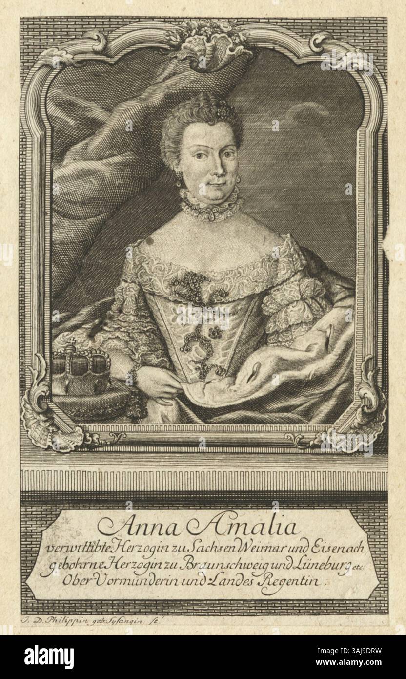 Dieser Kupferstich von Johanna Dorothea Sysang aus dem Jahr 1770 zeigt Herzogin Anna Amalia von Braunschweig-Wolfenbüttel, Ehefrau von Ernst Augustus II., Herzog von Sachsen-Weimar-Eisenach. Es zeigt die Herzogin in einem detaillierten, klassischen Stil. Stockfoto