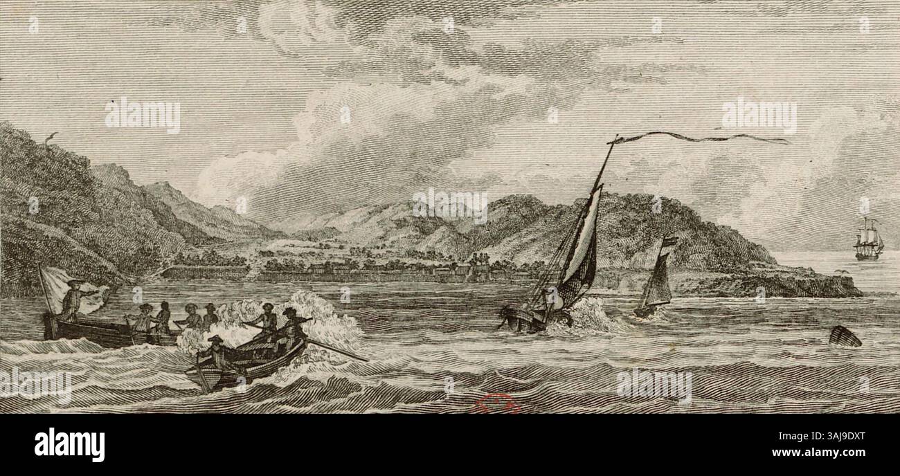 Diese 1791 von Nicolas Ponce und Nicolas Ozanne gezeigte Ansicht zeigt die Stadt Cap-Tiburon in Haiti und zeigt ihre Landschaft und Architektur. Stockfoto