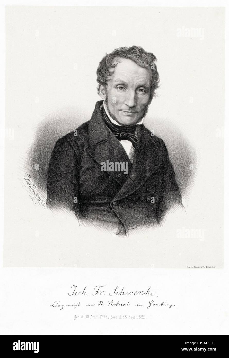 Porträt von Johann Friedrich Schwencke, Organist von St. Nikolai in Hamburg, geschaffen 1852 von Otto Speckter. Diese Lithografie spiegelt Schwenckes musikalische Beiträge und den Status in der Hamburger Kulturszene wider. Stockfoto