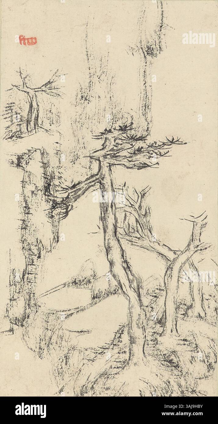 Bada Shanrens Gemälde aus dem Jahr 1699 spiegelt seinen minimalistischen Stil wider. Das 24 x 13,5 cm große Stück unterstreicht die Beherrschung der Pinselarbeiten und seine introspektive Auseinandersetzung mit Natur und Einsamkeit, die mit seinen anderen Werken übereinstimmt. Stockfoto