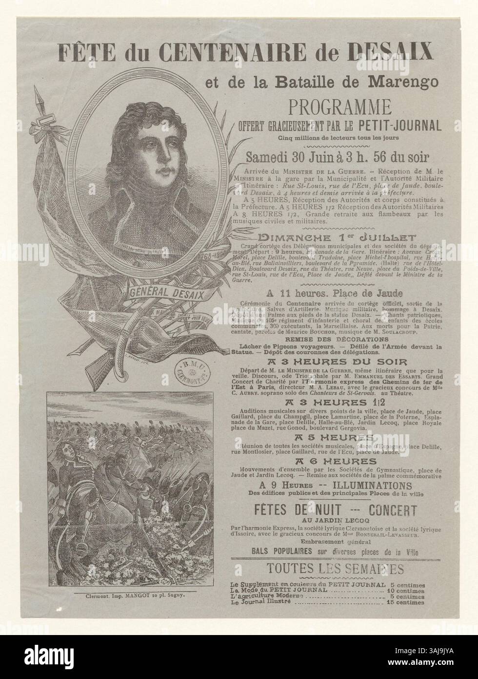 Der Druck erinnert an die hundertjährige Feier von General Desaix und die Schlacht von Marengo, einem wichtigen Sieg Frankreichs im Jahr 1800, mit einem Programm des Petit-Journal. Stockfoto