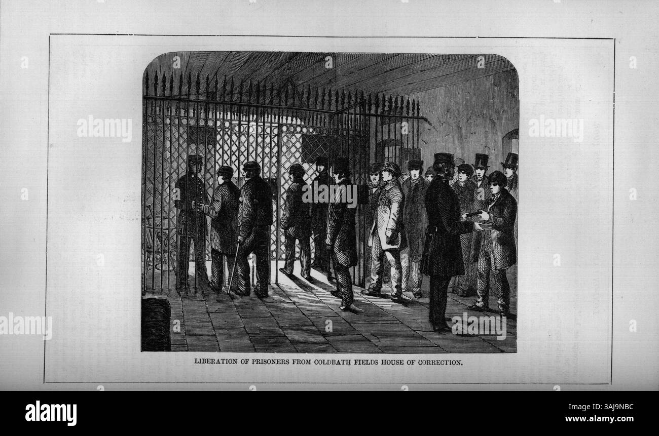 Illustration der „Befreiung von Gefangenen aus Coldbath Fields House of Correction“ aus Mayhews „London Labour and the London Poor“, die die Freilassung von Gefangenen und ihre Rückkehr in die Gesellschaft im Jahr 1851 darstellt. Stockfoto